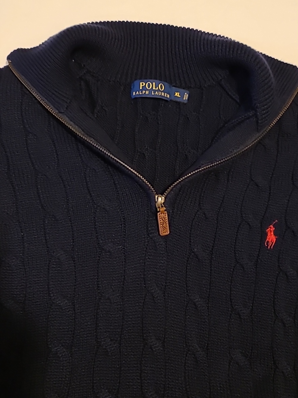 POLO Ralph Lauren Cable Knit Sweater XL, Quarter Zip, Navy, Cotton Pullover - Picture 15 of 16